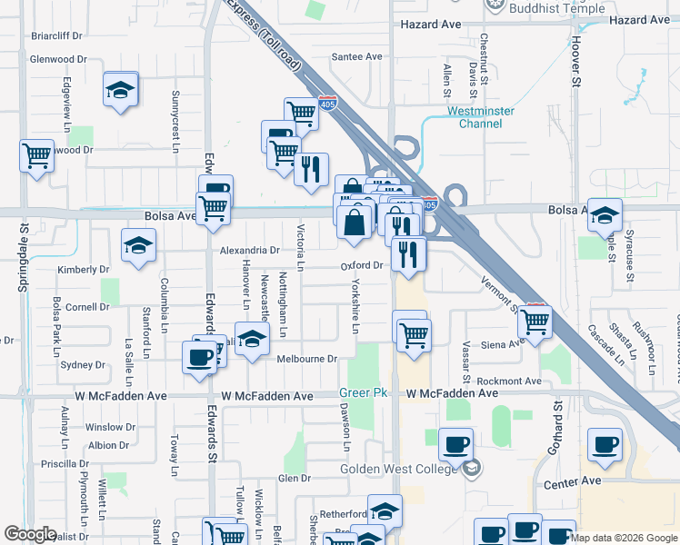 map of restaurants, bars, coffee shops, grocery stores, and more near 6831 Oxford Drive in Huntington Beach