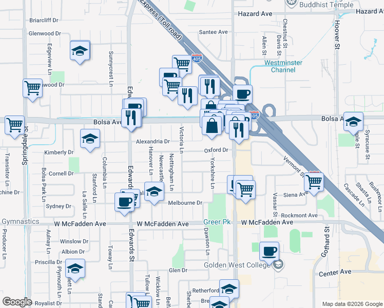 map of restaurants, bars, coffee shops, grocery stores, and more near 6761 Oxford Drive in Huntington Beach