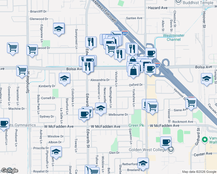 map of restaurants, bars, coffee shops, grocery stores, and more near 6661 Oxford Drive in Huntington Beach