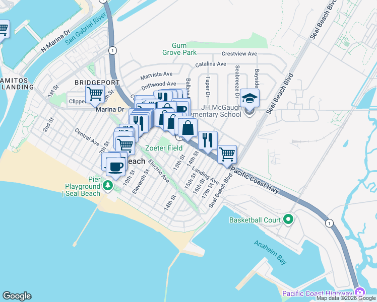 map of restaurants, bars, coffee shops, grocery stores, and more near 1244 California 1 in Seal Beach