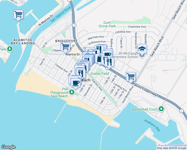 map of restaurants, bars, coffee shops, grocery stores, and more near 316 10th Street in Seal Beach