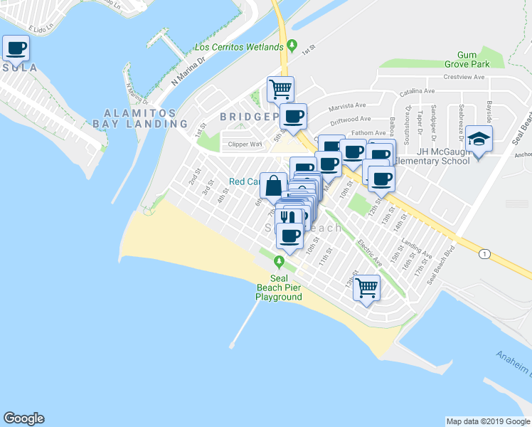 map of restaurants, bars, coffee shops, grocery stores, and more near 604 Central Avenue in Seal Beach