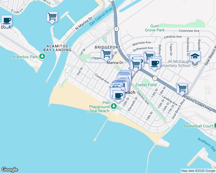 map of restaurants, bars, coffee shops, grocery stores, and more near 604 Central Avenue in Seal Beach
