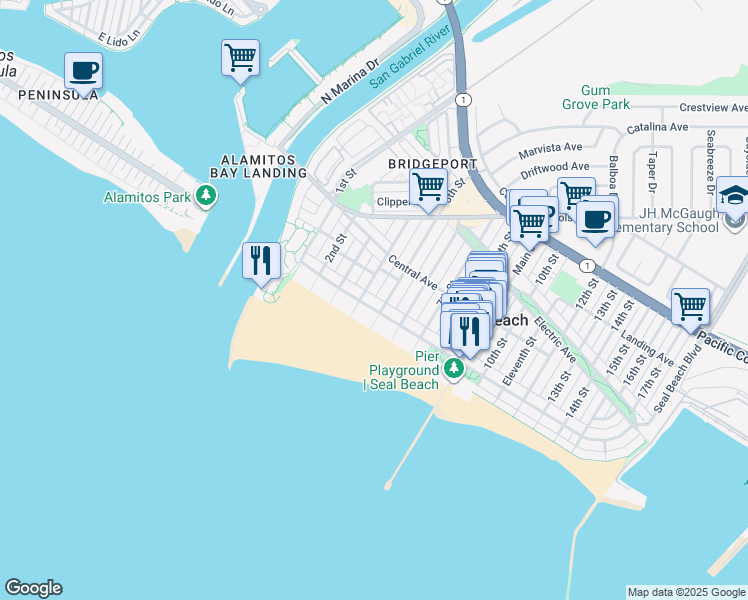 map of restaurants, bars, coffee shops, grocery stores, and more near 114 4th Street in Seal Beach