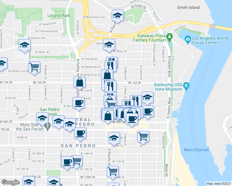map of restaurants, bars, coffee shops, grocery stores, and more near 462 West 2nd Street in Los Angeles