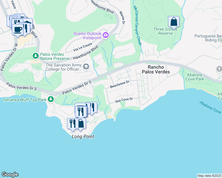 map of restaurants, bars, coffee shops, grocery stores, and more near 6603 Beachview Drive in Rancho Palos Verdes