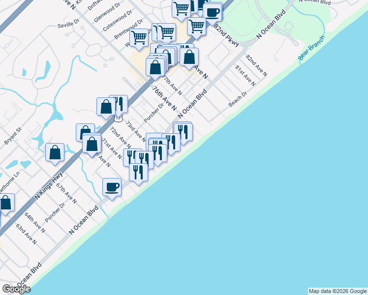 map of restaurants, bars, coffee shops, grocery stores, and more near 201 75th Avenue North in Myrtle Beach
