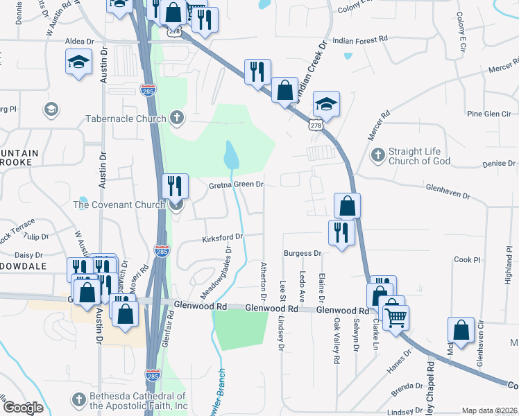 map of restaurants, bars, coffee shops, grocery stores, and more near 1681 Atherton Circle in Decatur