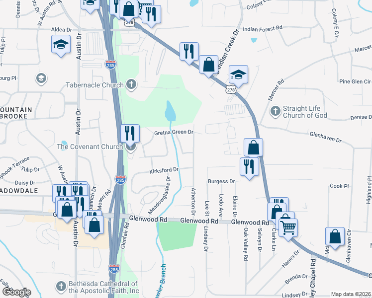 map of restaurants, bars, coffee shops, grocery stores, and more near 1681 Atherton Circle in Decatur
