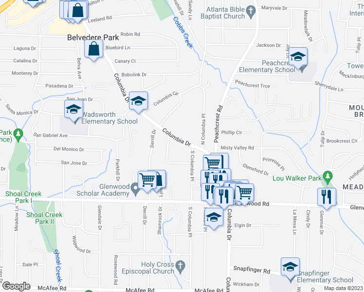 map of restaurants, bars, coffee shops, grocery stores, and more near 1629 Columbia Drive in Decatur