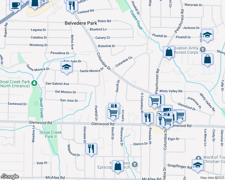 map of restaurants, bars, coffee shops, grocery stores, and more near 1703 Derrill Drive in Decatur