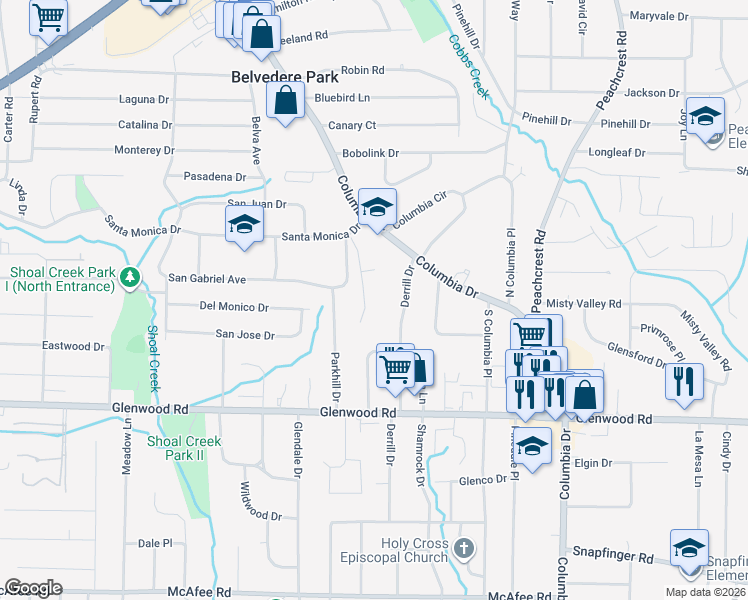 map of restaurants, bars, coffee shops, grocery stores, and more near 1693 Derrill Drive in Decatur