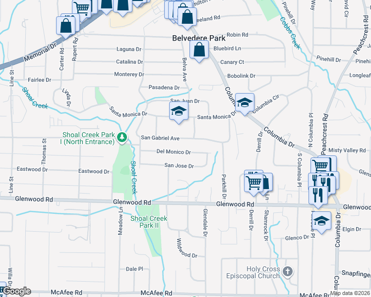 map of restaurants, bars, coffee shops, grocery stores, and more near 1785 San Gabriel Avenue in Decatur