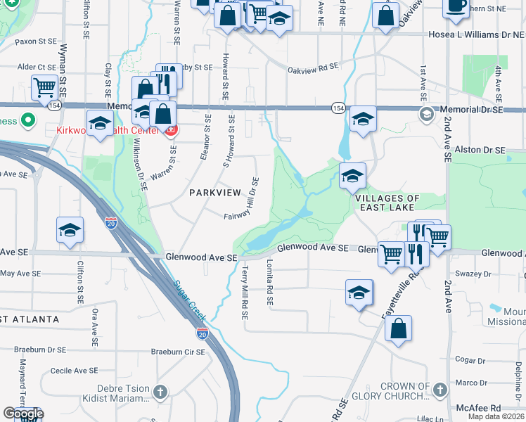 map of restaurants, bars, coffee shops, grocery stores, and more near 1718 Fairway Hill Drive Southeast in Atlanta