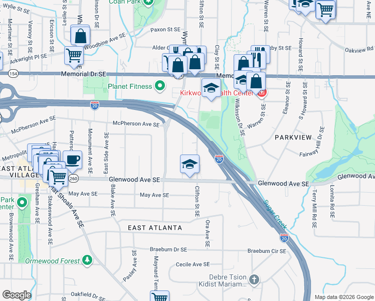 map of restaurants, bars, coffee shops, grocery stores, and more near 410 Greencove Lane Southeast in Atlanta