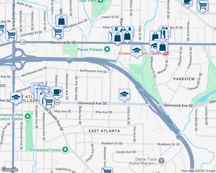 map of restaurants, bars, coffee shops, grocery stores, and more near 404 Maynard Terrace Southeast in Atlanta