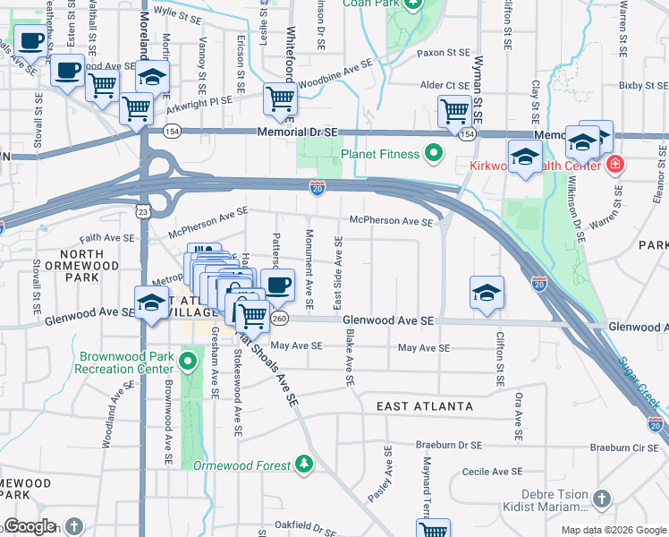 map of restaurants, bars, coffee shops, grocery stores, and more near 1438 Metropolitan Avenue Southeast in Atlanta