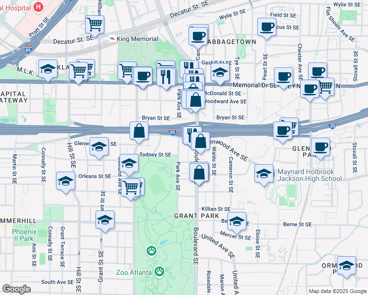map of restaurants, bars, coffee shops, grocery stores, and more near 442 Park Avenue Southeast in Atlanta