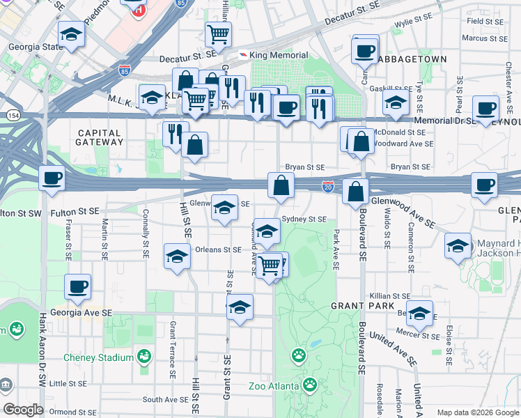 map of restaurants, bars, coffee shops, grocery stores, and more near 443 Oakland Avenue Southeast in Atlanta