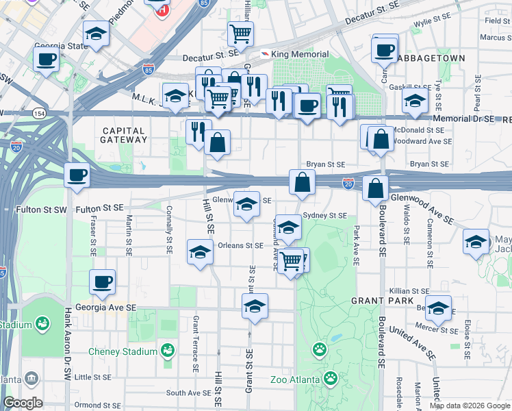 map of restaurants, bars, coffee shops, grocery stores, and more near 444 Grant Street Southeast in Atlanta