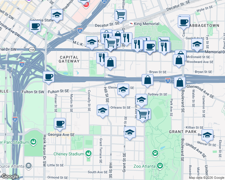 map of restaurants, bars, coffee shops, grocery stores, and more near 300 Glenwood Avenue Southeast in Atlanta