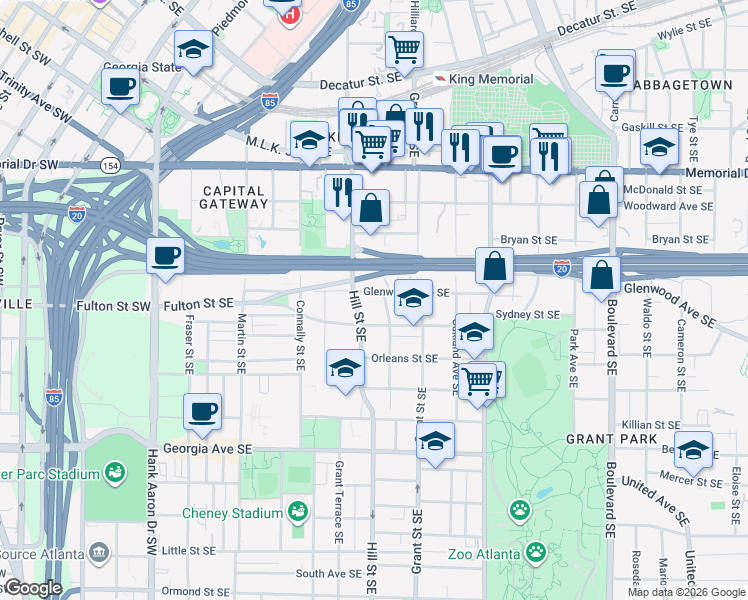 map of restaurants, bars, coffee shops, grocery stores, and more near 300 Glenwood Avenue Southeast in Atlanta