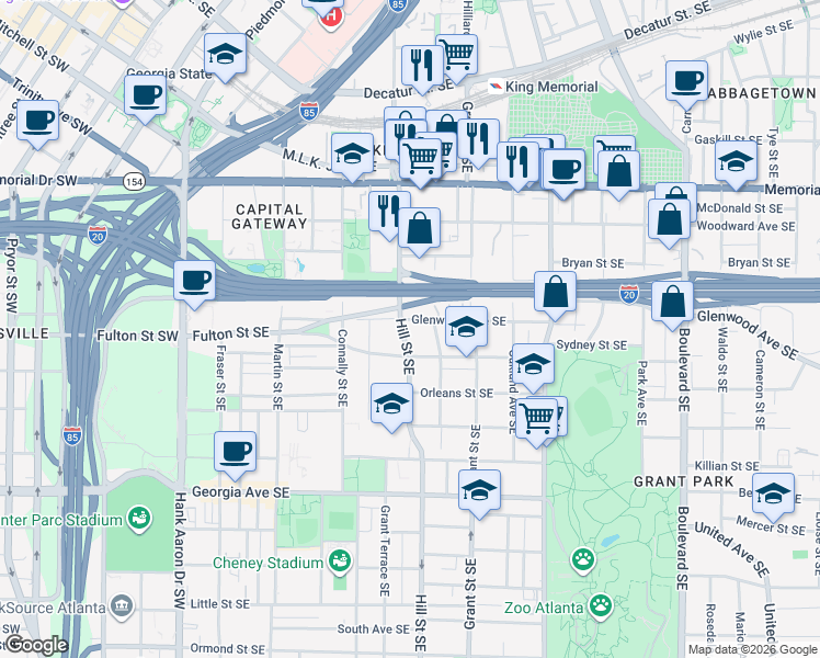 map of restaurants, bars, coffee shops, grocery stores, and more near 1516 Glenwood Avenue in Atlanta