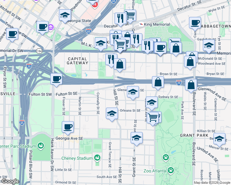 map of restaurants, bars, coffee shops, grocery stores, and more near 261 Glenwood Avenue Southeast in Atlanta