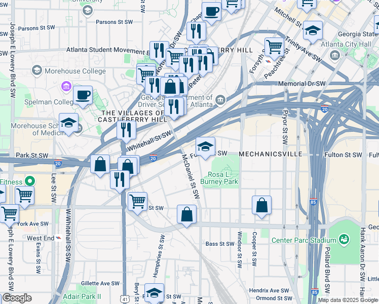 map of restaurants, bars, coffee shops, grocery stores, and more near 462 Whitehall Terrace Southwest in Atlanta