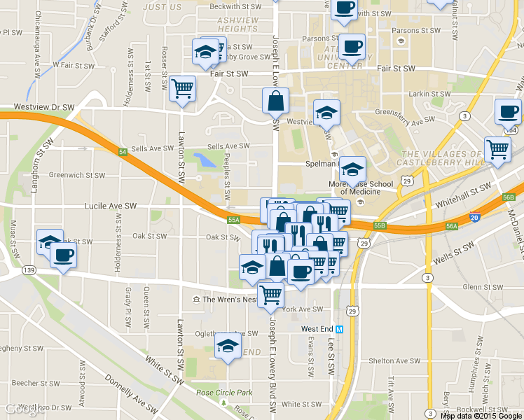 map of restaurants, bars, coffee shops, grocery stores, and more near 435 Joseph E Lowery Boulevard Southwest in Atlanta