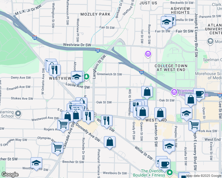 map of restaurants, bars, coffee shops, grocery stores, and more near 1303 Lucile Avenue Southwest in Atlanta