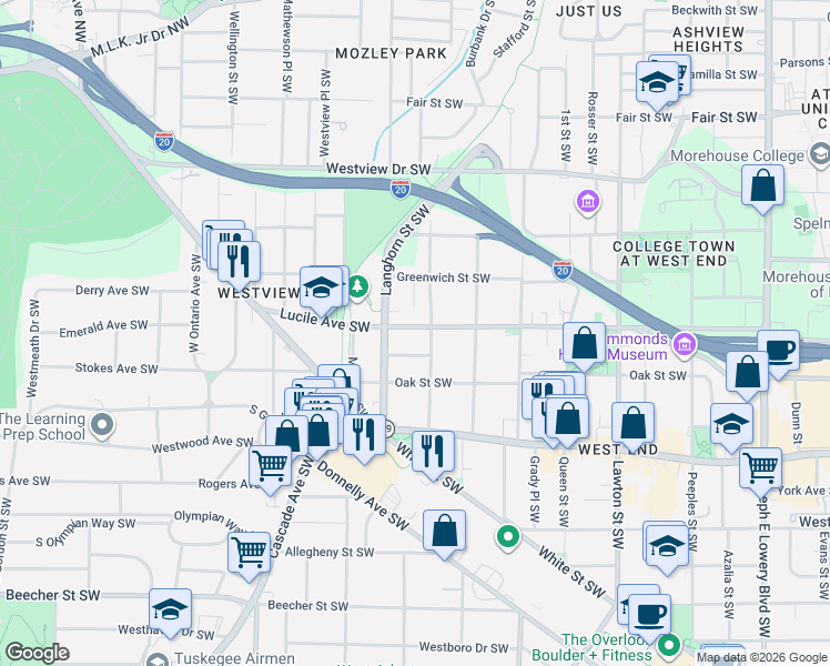 map of restaurants, bars, coffee shops, grocery stores, and more near 1303 Lucile Avenue Southwest in Atlanta
