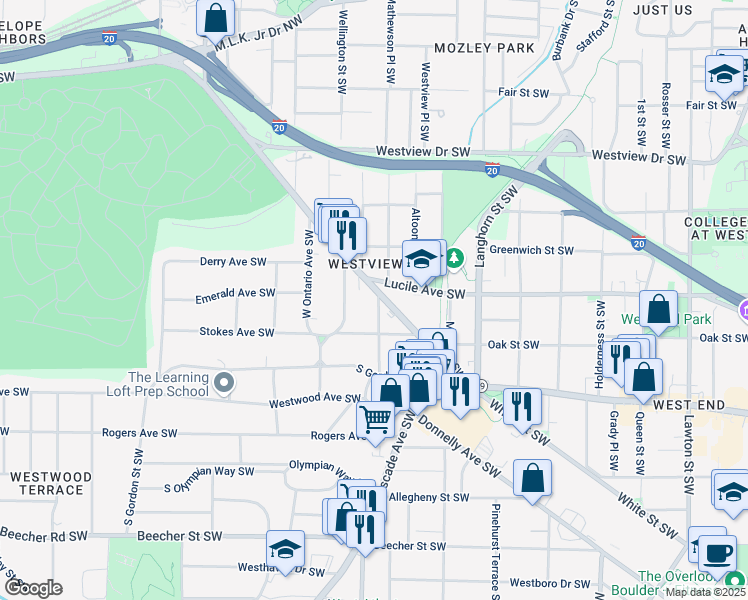 map of restaurants, bars, coffee shops, grocery stores, and more near 475 Willard Avenue Southwest in Atlanta