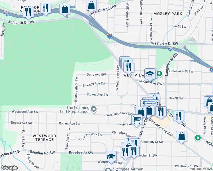 map of restaurants, bars, coffee shops, grocery stores, and more near 1637 Emerald Avenue Southwest in Atlanta