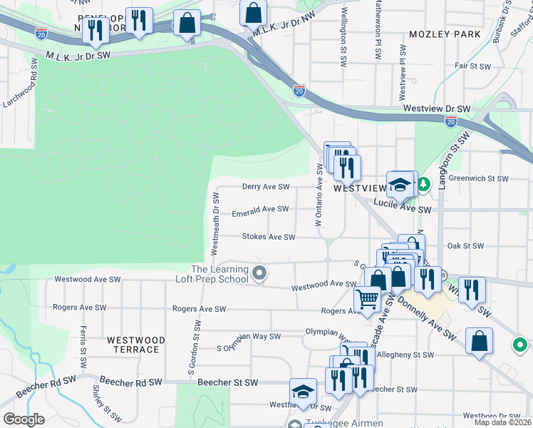 map of restaurants, bars, coffee shops, grocery stores, and more near 1673 Emerald Avenue Southwest in Atlanta