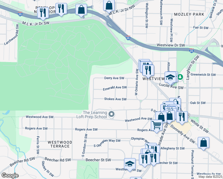 map of restaurants, bars, coffee shops, grocery stores, and more near 1696 Emerald Avenue Southwest in Atlanta