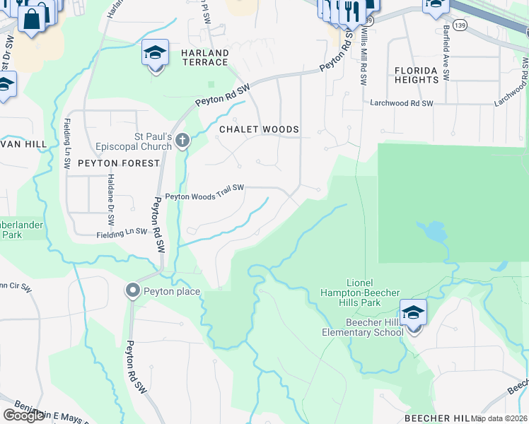 map of restaurants, bars, coffee shops, grocery stores, and more near 515 Cativo Drive Southwest in Atlanta