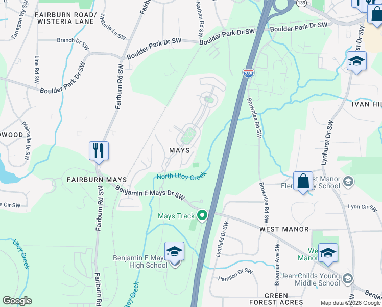 map of restaurants, bars, coffee shops, grocery stores, and more near 589 Morrow Lane in Atlanta
