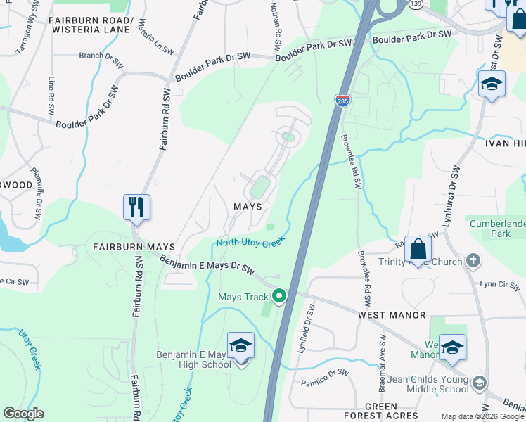 map of restaurants, bars, coffee shops, grocery stores, and more near 589 Morrow Lane in Atlanta
