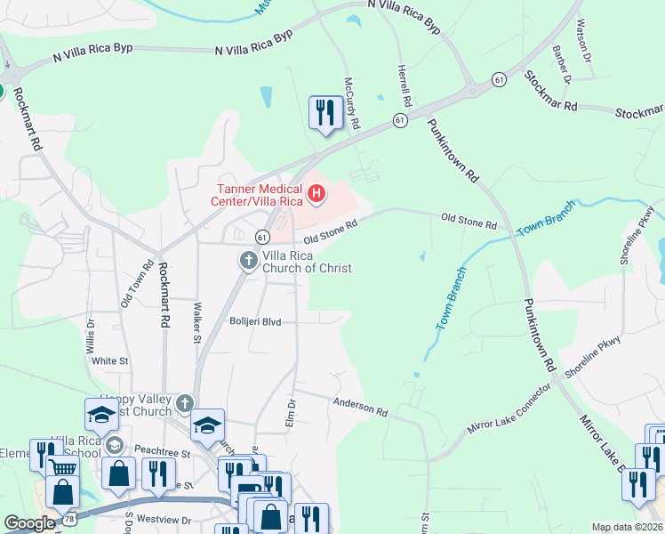 map of restaurants, bars, coffee shops, grocery stores, and more near 326 Old Stone Road in Villa Rica