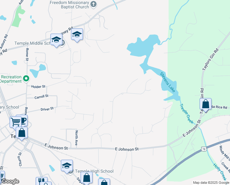 map of restaurants, bars, coffee shops, grocery stores, and more near 204 Ivey Lake Parkway in Temple