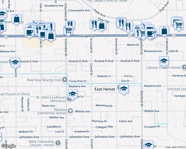 map of restaurants, bars, coffee shops, grocery stores, and more near 41262 Sequoia Lane in Hemet