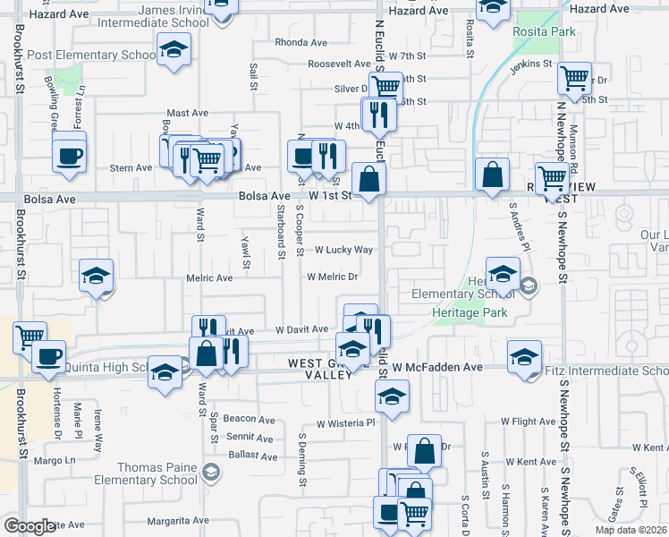 map of restaurants, bars, coffee shops, grocery stores, and more near 5314 West Lucky Way in Santa Ana