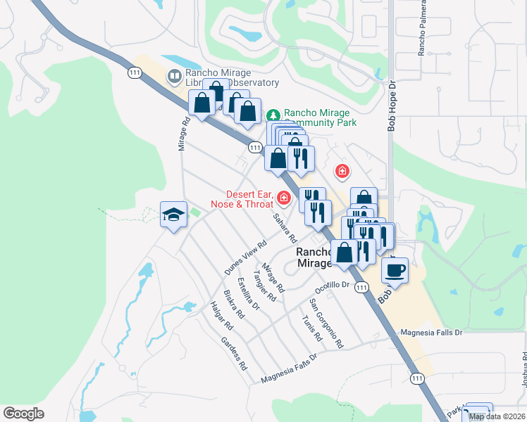 map of restaurants, bars, coffee shops, grocery stores, and more near 71569 Sahara Road in Rancho Mirage