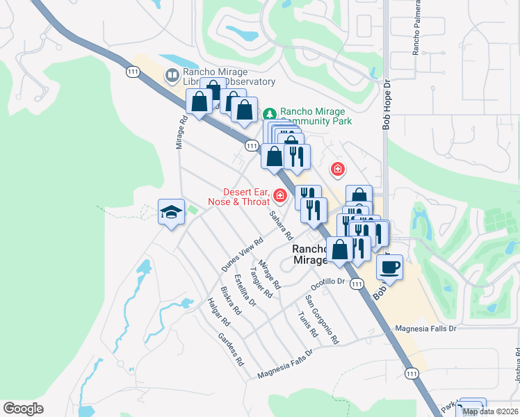 map of restaurants, bars, coffee shops, grocery stores, and more near 71545 Sahara Road in Rancho Mirage