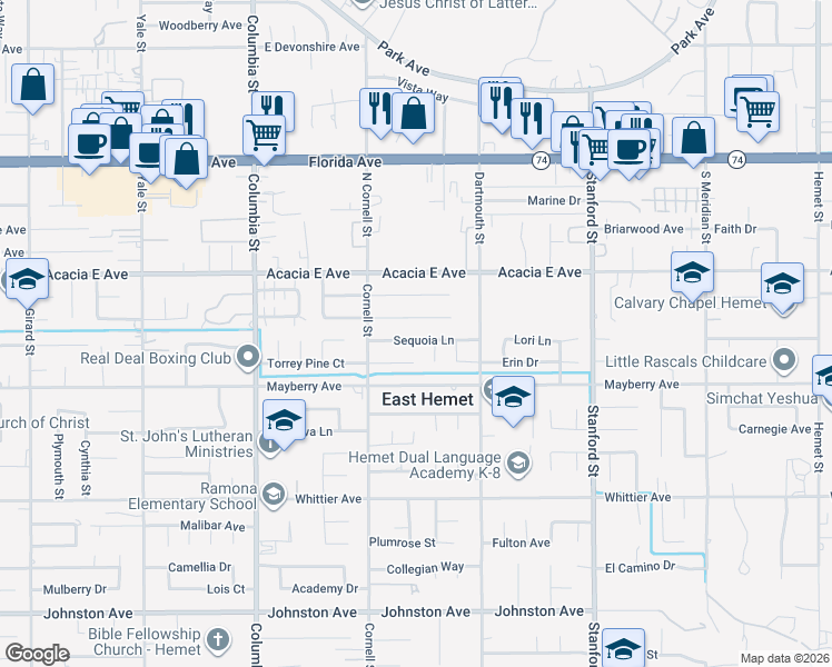 map of restaurants, bars, coffee shops, grocery stores, and more near 41360 Sequoia Lane in Hemet