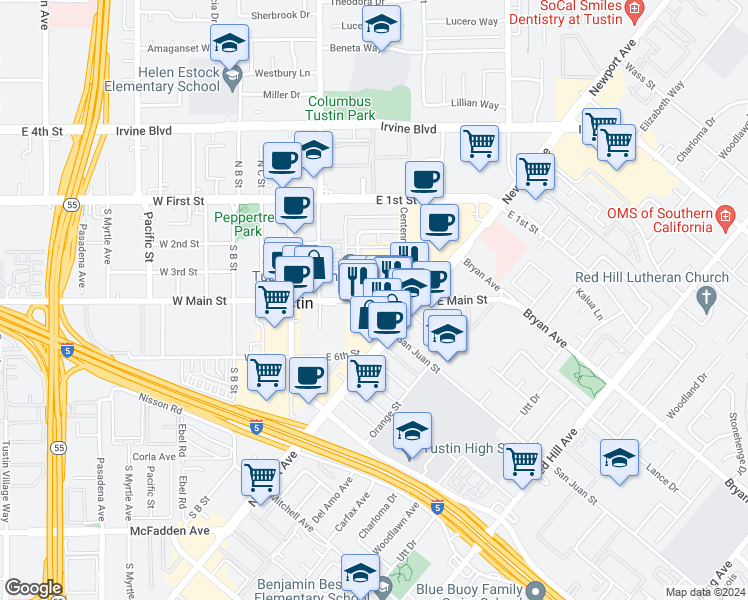 map of restaurants, bars, coffee shops, grocery stores, and more near 368 East Main Street in Tustin