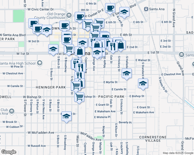 map of restaurants, bars, coffee shops, grocery stores, and more near 300 East Chestnut Avenue in Santa Ana