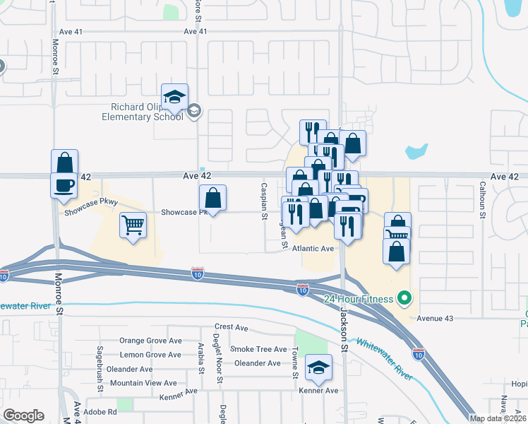 map of restaurants, bars, coffee shops, grocery stores, and more near Caspian Street in Indio