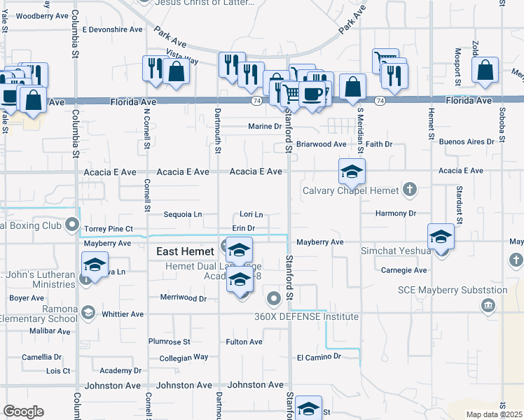 map of restaurants, bars, coffee shops, grocery stores, and more near 41654 Lori Lane in Hemet